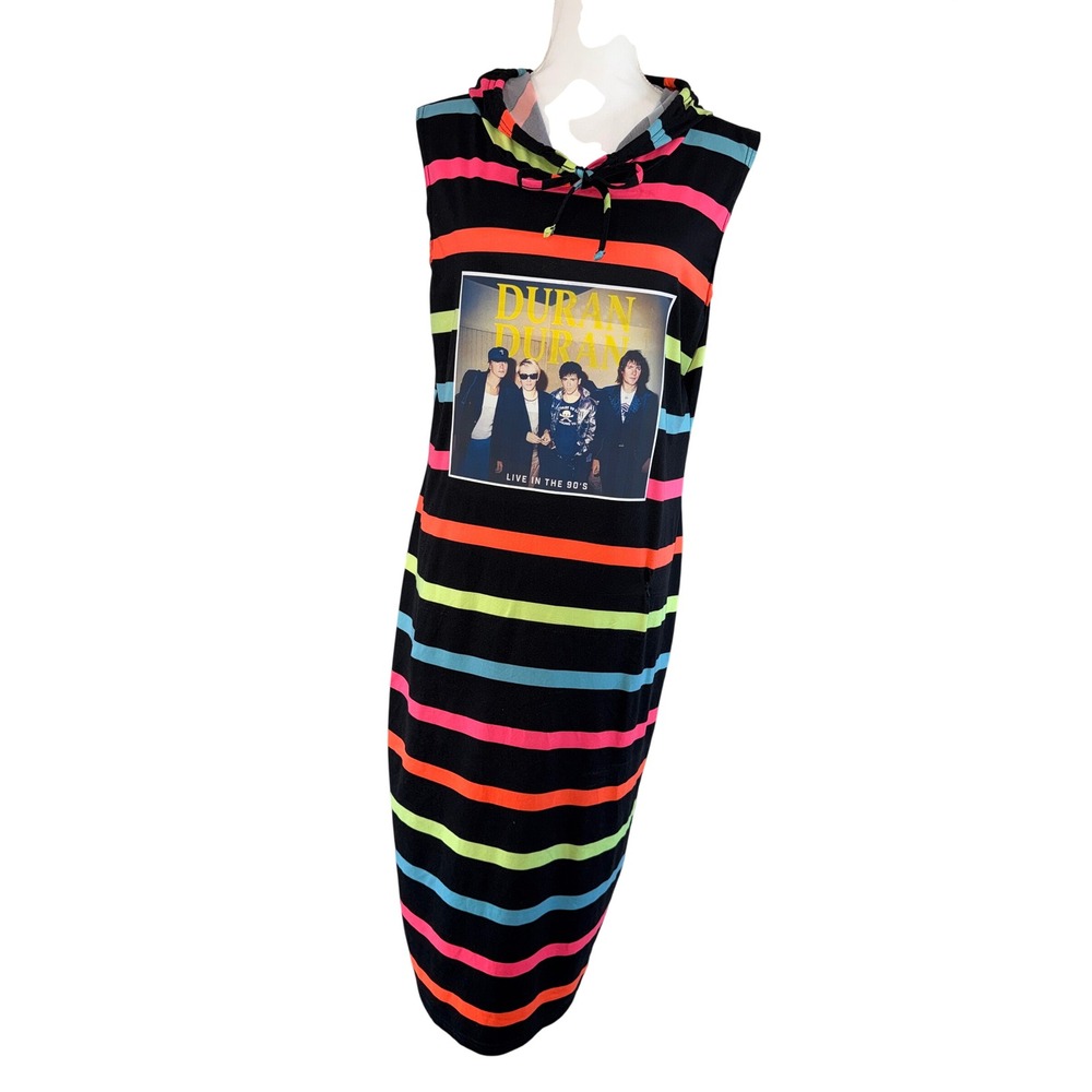 Upcycled Duran Duran 90's Band Hooded Dress Neon Stripes Sleeveless XL